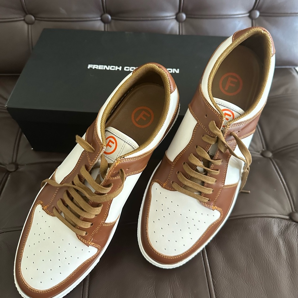 Men’s size 10.5 French Connection Sneakers brown and white never worn!